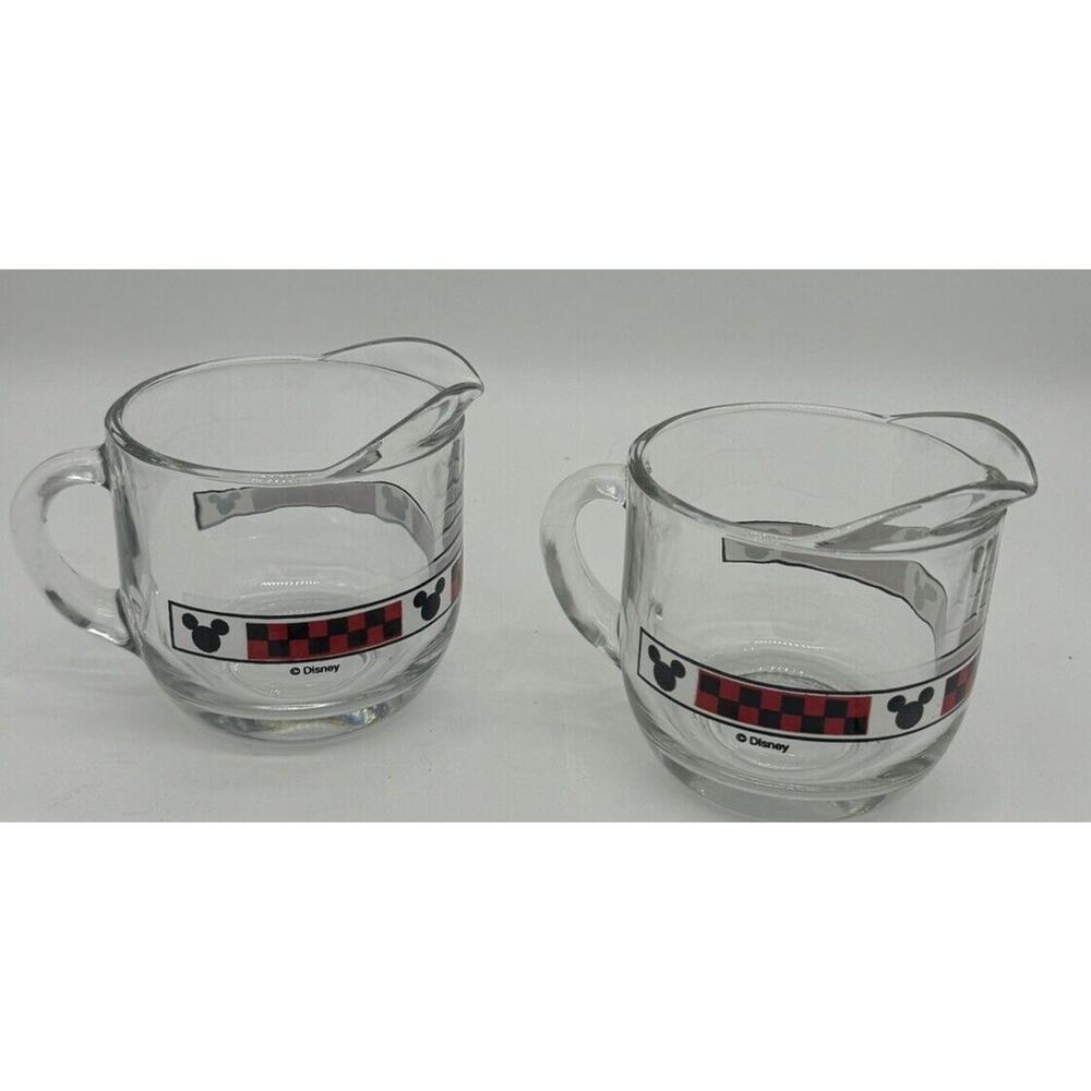 Disney Milk Pouring Clear Glasses Lot Of 2 Mickey Ears Checkered Drink Vintage